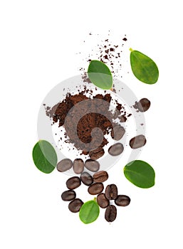 Top view of  roasted coffee beans isolated in white background