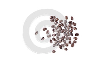 Top view of roasted coffee beans on white background with copy space for text