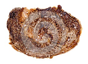 Top view of roasted ribeye beef steak isolated