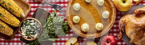 Top view of roasted turkey, pumpkin pie and grilled vegetables served on red plaid napkin, panoramic shot.