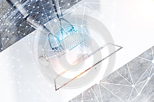 Top view of robot hands typing, screen, internet