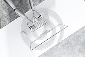 Top view of robot hands typing, screen