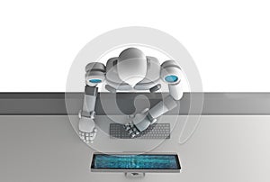 Top view of robot using a computer with binary data number code