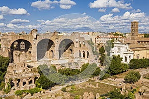 Top view of Roman forum, Basilica of Maxentius and Constantine, the Church of Saints Luke and Martina. Rome