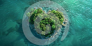 Top view a romantic heart-shaped tropical island with lush greenery and ocean views