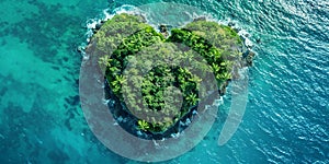 Top view a romantic heart-shaped tropical island with lush greenery and ocean views