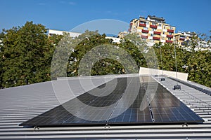 Top view of the roof with photovoltaic panels installed.