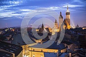 Top view of the rooftops of the old town of Krakow at night. Travel. photo