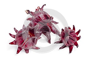 Top view roselle fruit red okra on white background