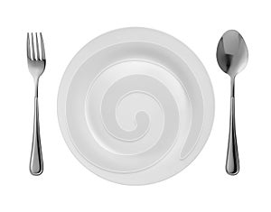 Top view of round plate or dishe with fork and spoon isolated on
