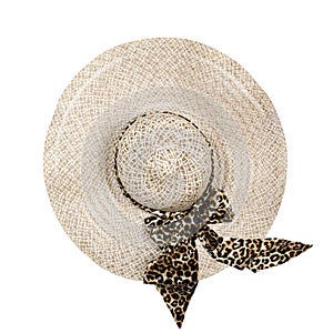 Top view of a round straw hat on a white background.