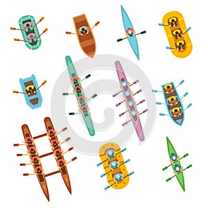 Top view rowing sport boats with team vector set