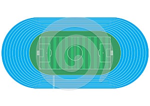 Top view of running track and soccer field on white background