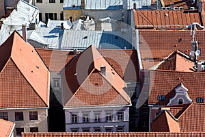 Top view of rusty and red tile roofs, Riga, Latvia