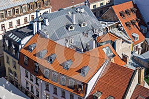 Top view of rusty and red tile roofs, Riga, Latvia