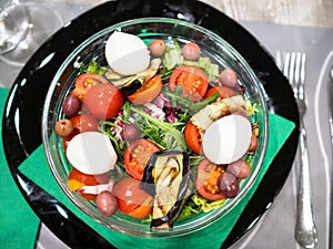 top view of salad from tomatoes with mozzarella