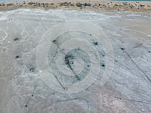 Top view of the salt lake mud . External similarity with craters. Mud healing springs