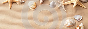 Top view of a sandy beach with seashells and starfish as natural textured background for summer design.