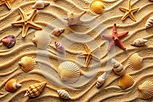 Top view of sandy beach with seashells