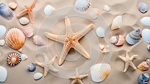 Top view of a sandy beach texture with imprints of exotic seashells and starfish as natural textured background