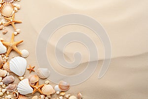 Top view of a sandy beach with various seashells and starfish on one side, copy space. Vacation, holiday background