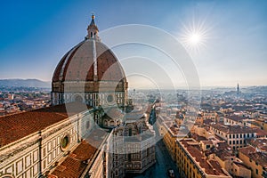 Top view of Santa Maria del Fiore duomo church and Florence old city skyline in Italy