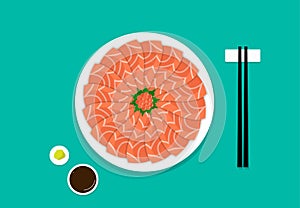 Top view, Sashimi salmon on white plate, vector