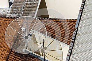 Top view of a Satellite dishes, satellite antennas mounted on the roof