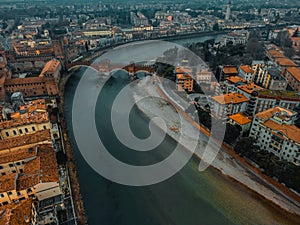 Top view Scaliger Bridge and Adige River. Aerial view of the historic city Verona, Italy