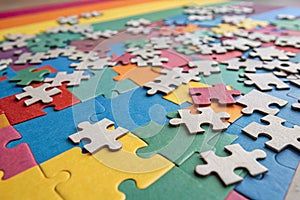 Top View of Scattered Colorful Jigsaw Puzzle Pieces photo