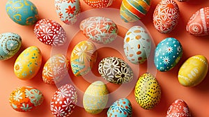 top-view scene featuring chicken eggs painted in a vibrant 1990s color palette.