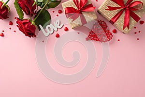 Top view scene featuring craft paper gift boxes, rattan heart, red roses, and \