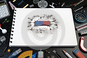 Top view of science school accessories desk with science laboratory, blank paper and bar magnet magnetic field on black background