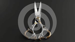 Top view of scissors with open blades used by barbers for haircutting, beauty salons, tailor ateliers or salons. Design photo