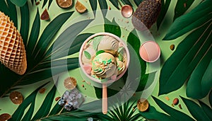 Top view of scoop ice cream in a bowl. Tropical composition with dessert. Pastel green colors.