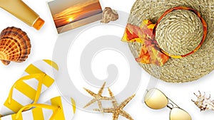 Top view of sea beach holiday accessories: Sun hat, sunglasses, flip flops, seashell, starfish, and sunscreen. Summer beach