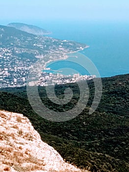 top view of the sea coast, bay and coastal city in the sunshine, panorama from mountains covered with trees on a sunny summer day