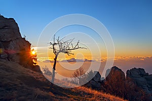 A top view of the sea with fog at sunrise from the mountains