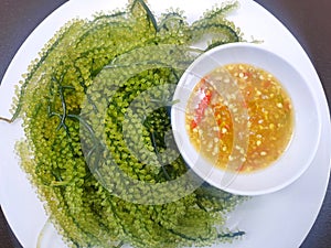 Top view of Sea Grapes or Green Caviar and Thai spicy seafood dipping sauce