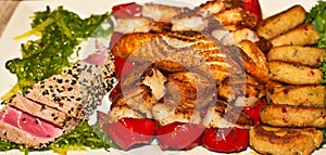 Top view of a seafood plater for a spanish wine tasting event
