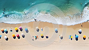 Top view, seascape view wind wave midday blue sky sea sandy beach orange umbrella Summer concept, cartoon with relaxing Crowd on