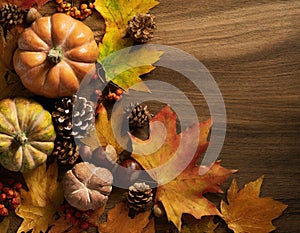 Top view of seasonal pumpkins, pine cones, and fall leaves on wood surface