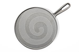 Top View of Seasoned Cast Iron Pan on White Background