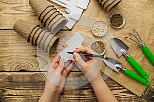 Top view of seeds and garden tools on a wooden background. Women`s hands sign a sign for the plant