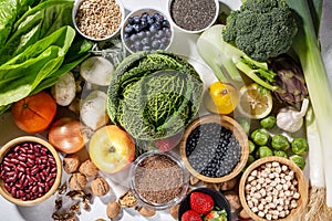 Top view of selected healthy and clean foods