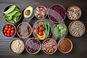 Top view selection of nutritious plant-based foods, including fruits, veggies, nuts, and grains
