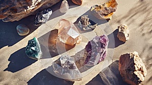 Top view of semi-precious stones, stones and minerals, quartz. Light background. Geological concept. Generative AI