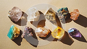 Top view of semi-precious stones, stones and minerals, quartz. Light background. Geological concept. Generative AI