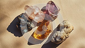 Top view of semi-precious stones, stones and minerals, quartz. Light background. Geological concept. Generative AI