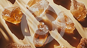 Top view of semi-precious stones, stones and minerals, quartz. Light background. Geological concept. Generative AI